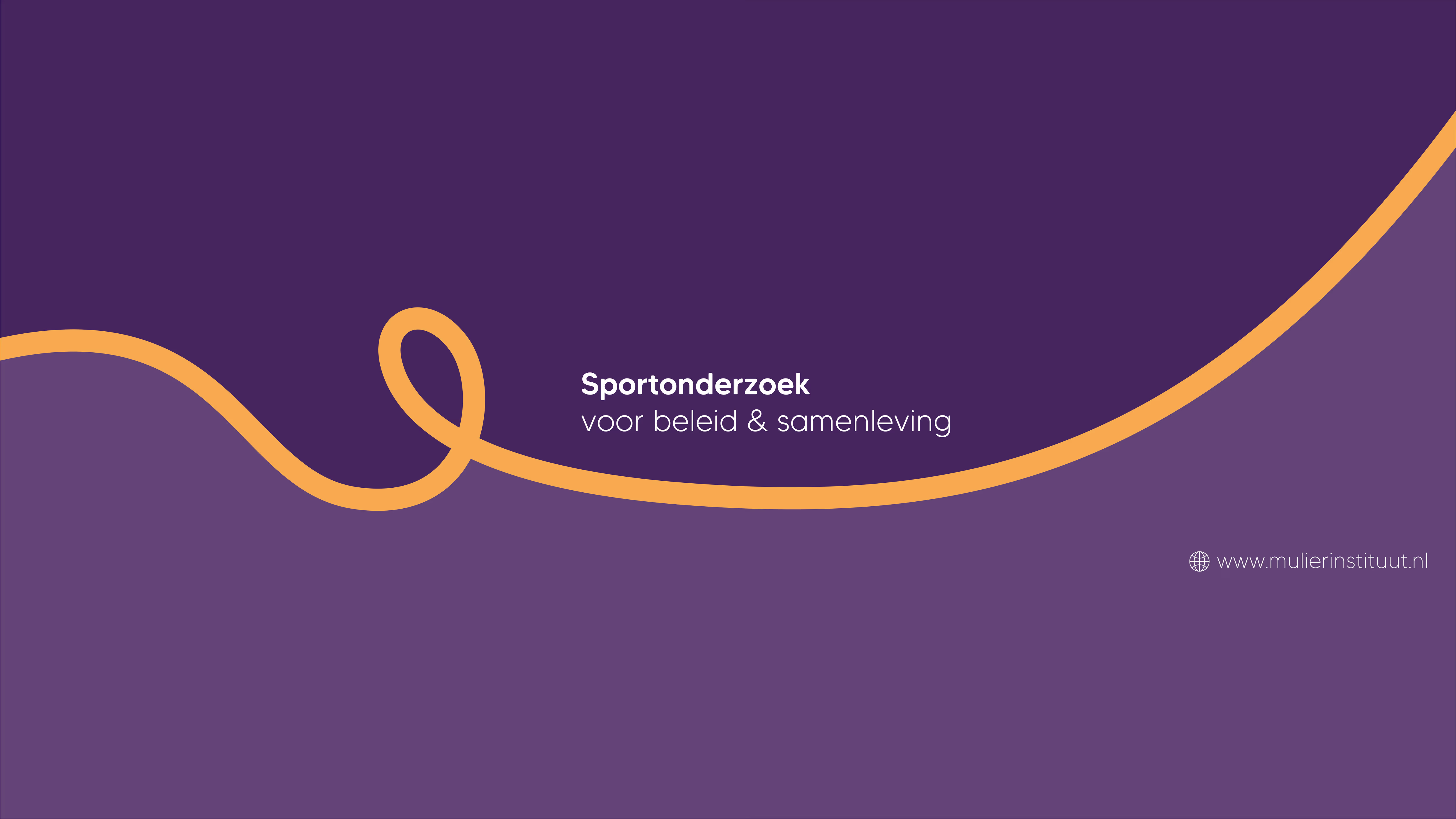 Een paarse achtergrond met een gouden lijn die door het beeld kronkelt, met de tekst "Sportonderzoek voor beleid & samenleving".
