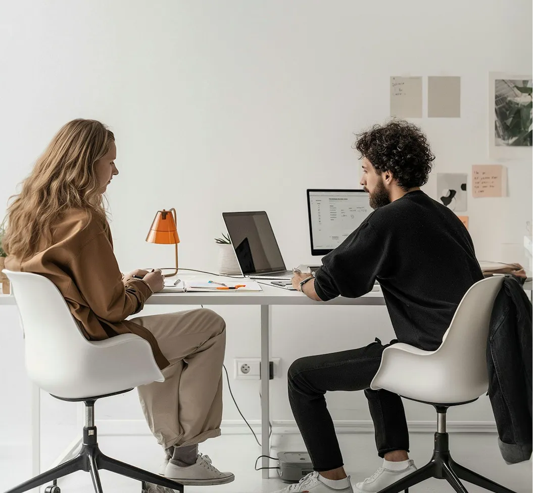 Launchist team members meeting and working together at a desk 