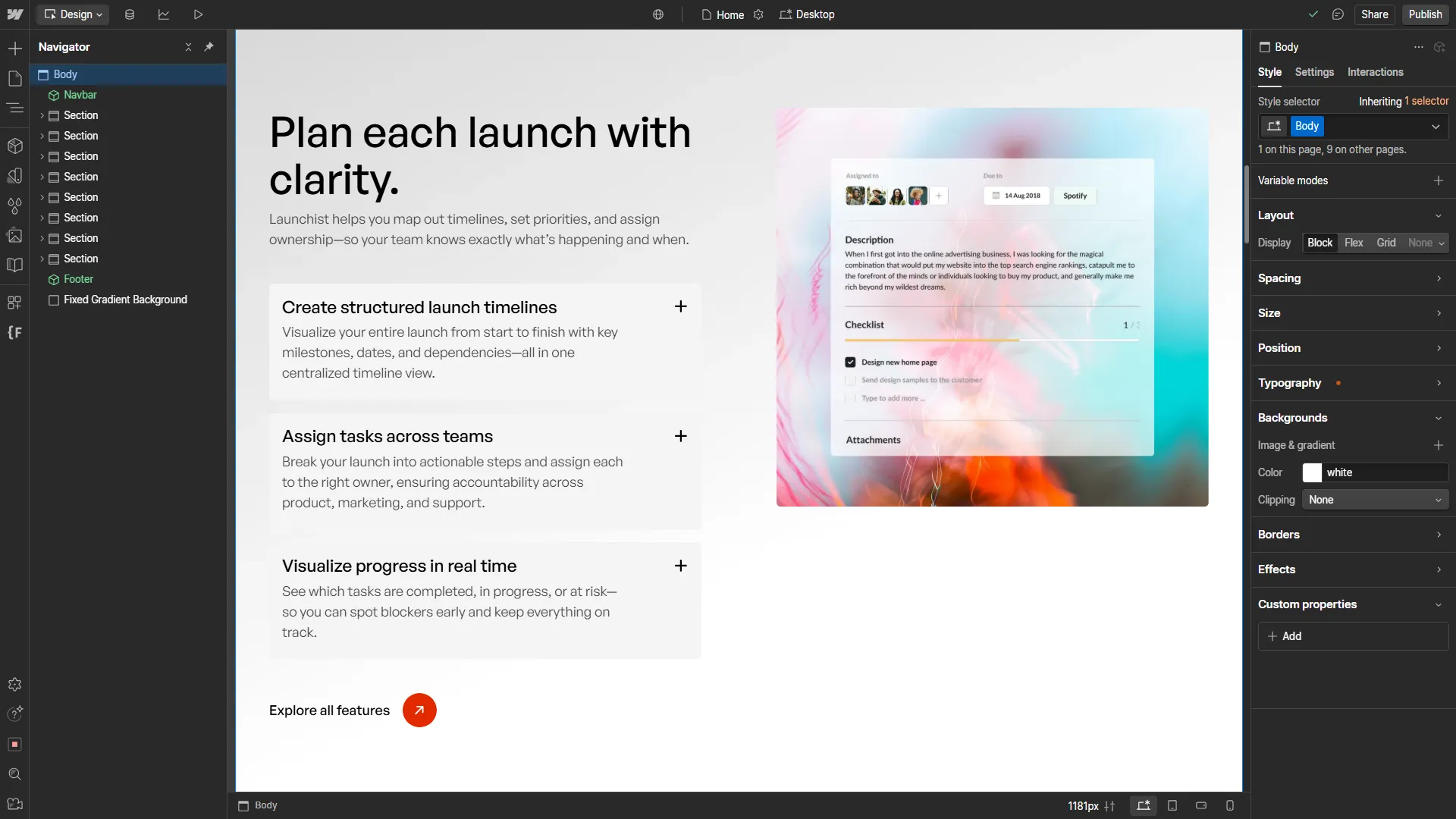 Preview of Launchist template inside the Webflow interface