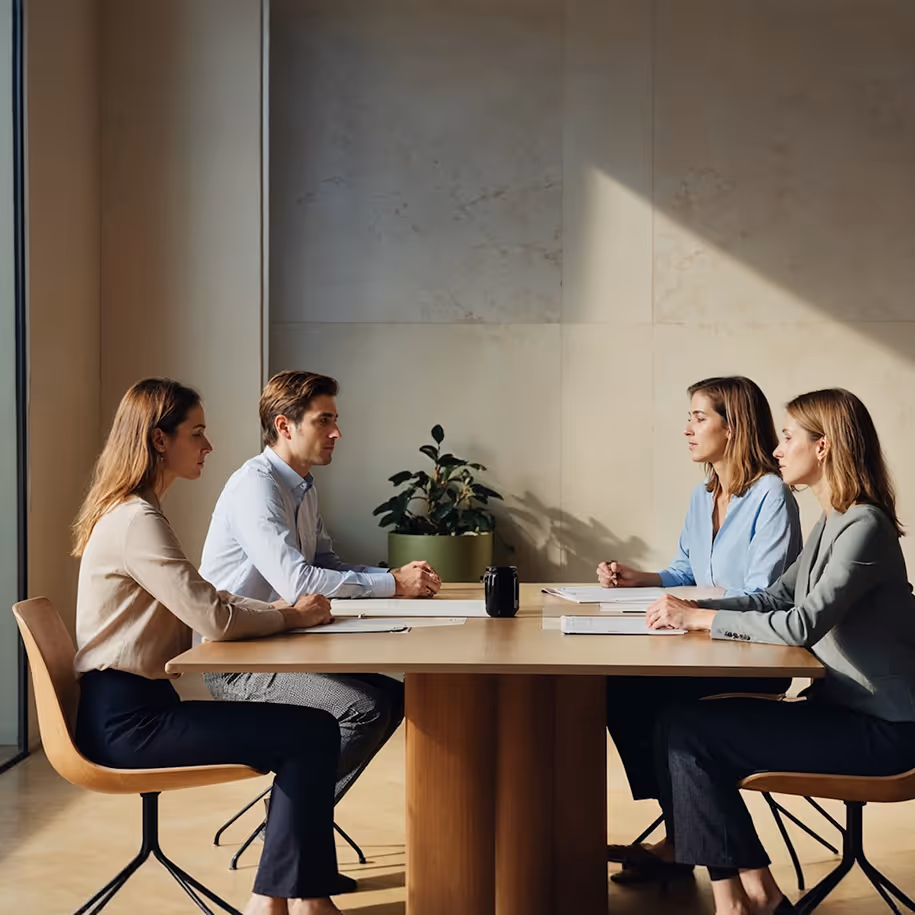 Launchist team members meeting and working together at a desk 
