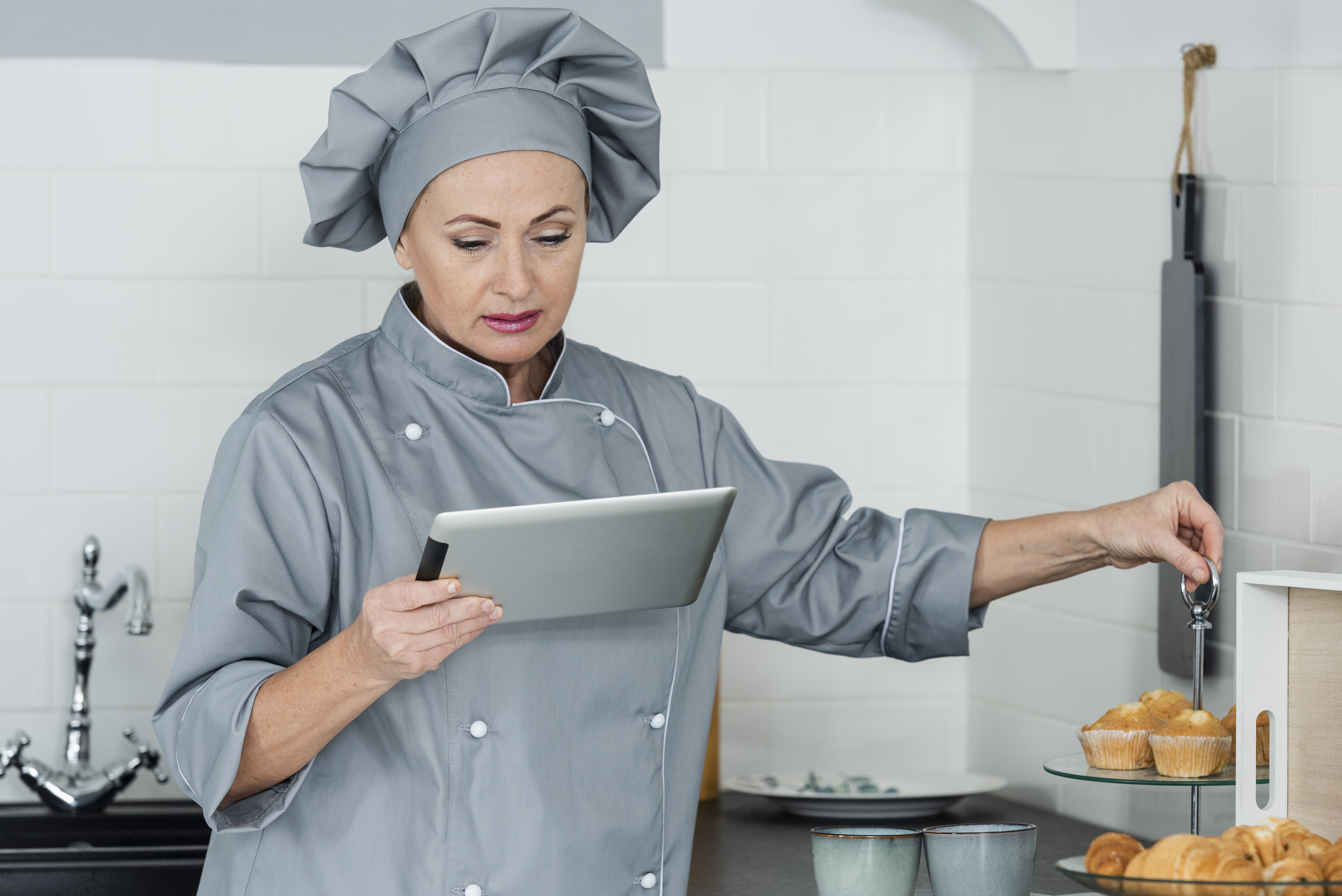 Chef in grey uniform reviewing food safety records on a tablet in a commercial kitchen