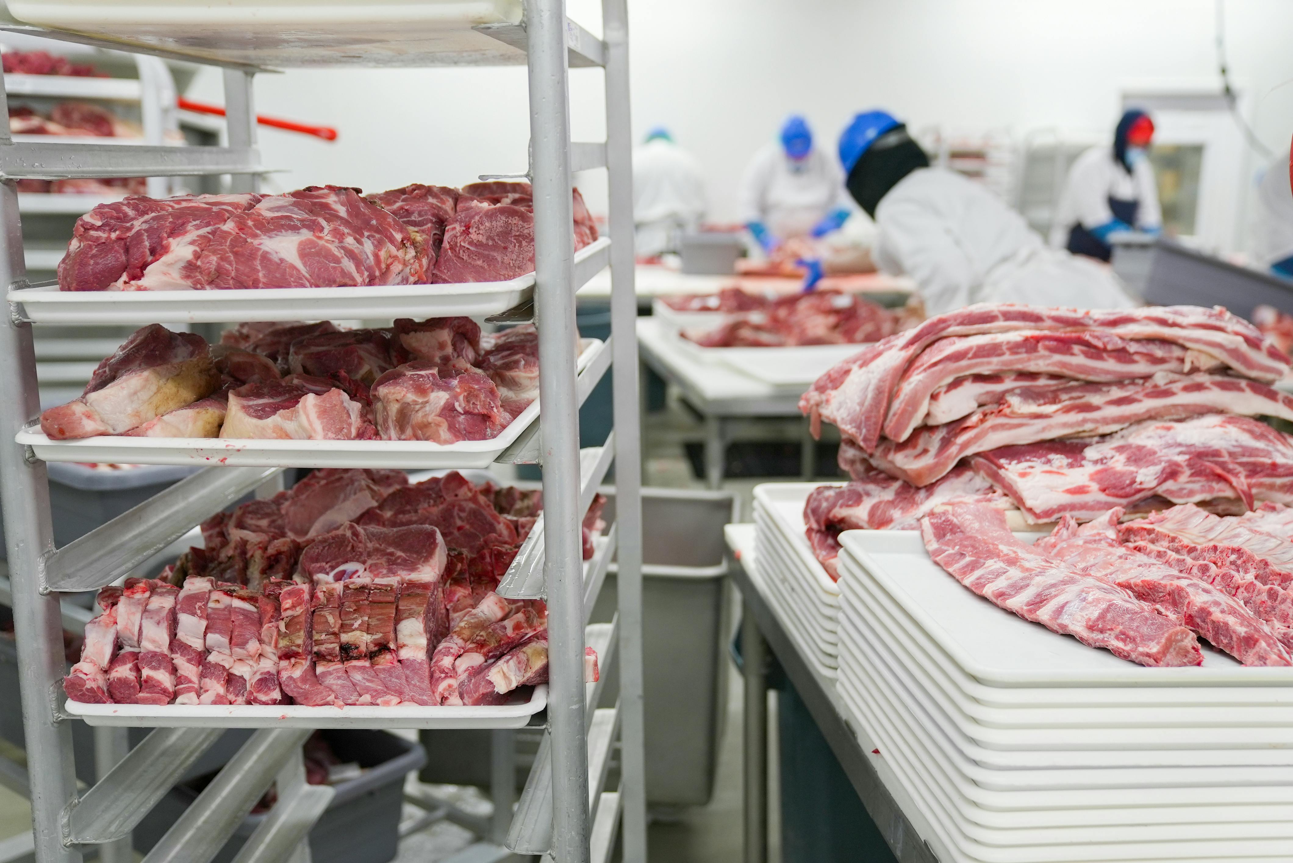 Trays of raw, sliced meat organized neatly on a stainless steel rolling rack in a cold storage or processing area, with workers in protective gear visible in the background.