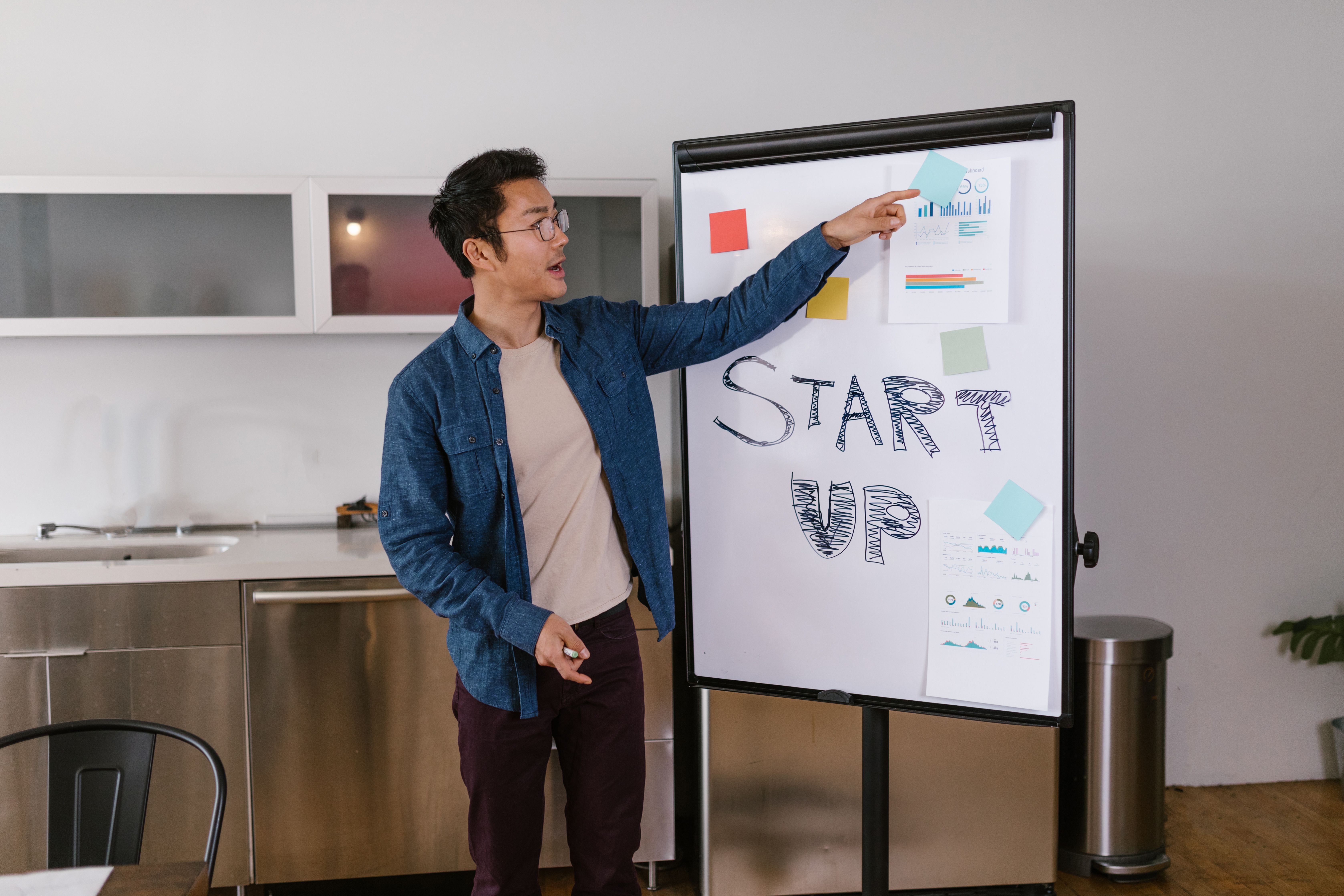 A presenter pointing to charts and diagrams pinned to a flipchart during a business startup presentation.