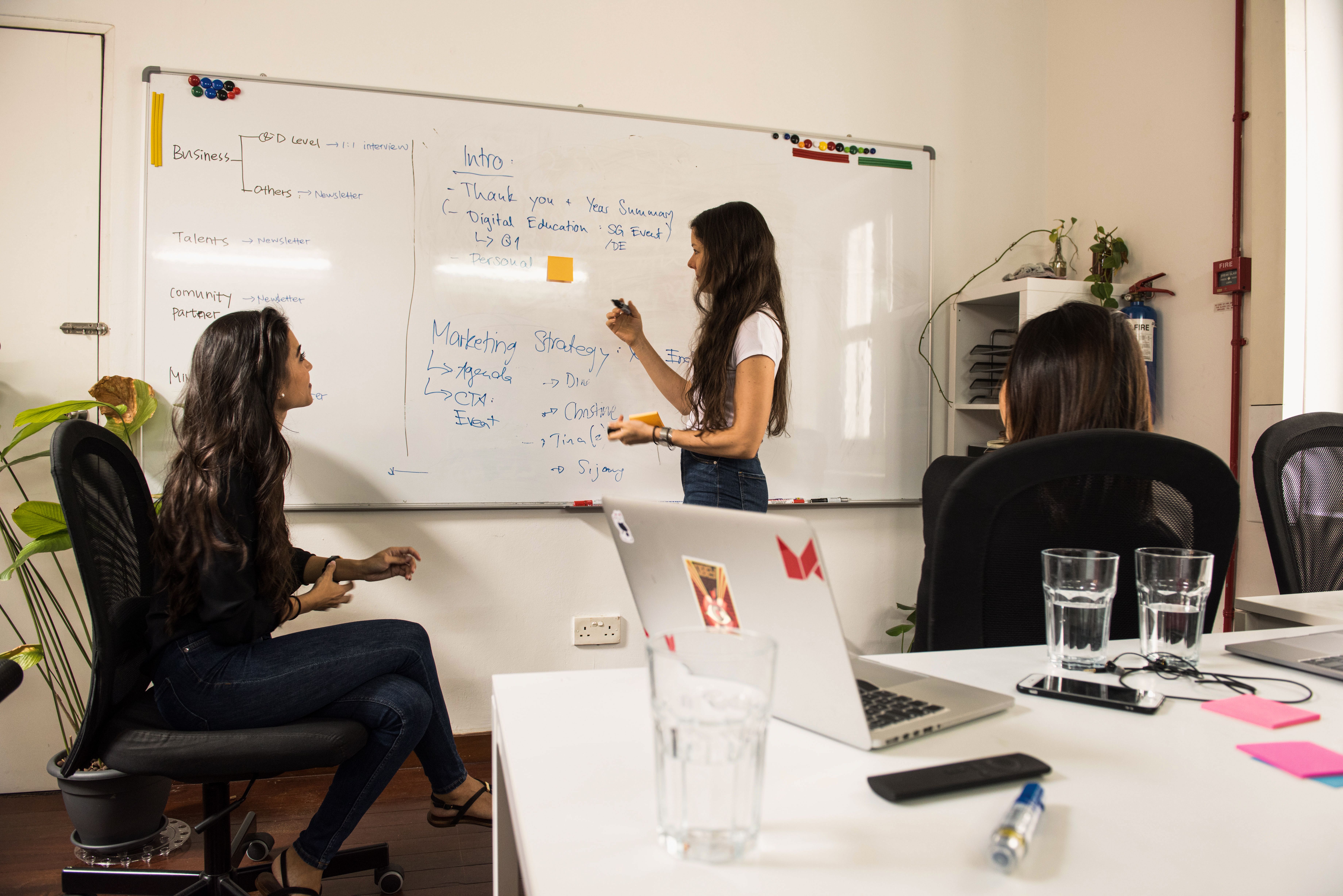 A woman writing notes on a large whiteboard during a strategic business brainstorming session with colleagues.