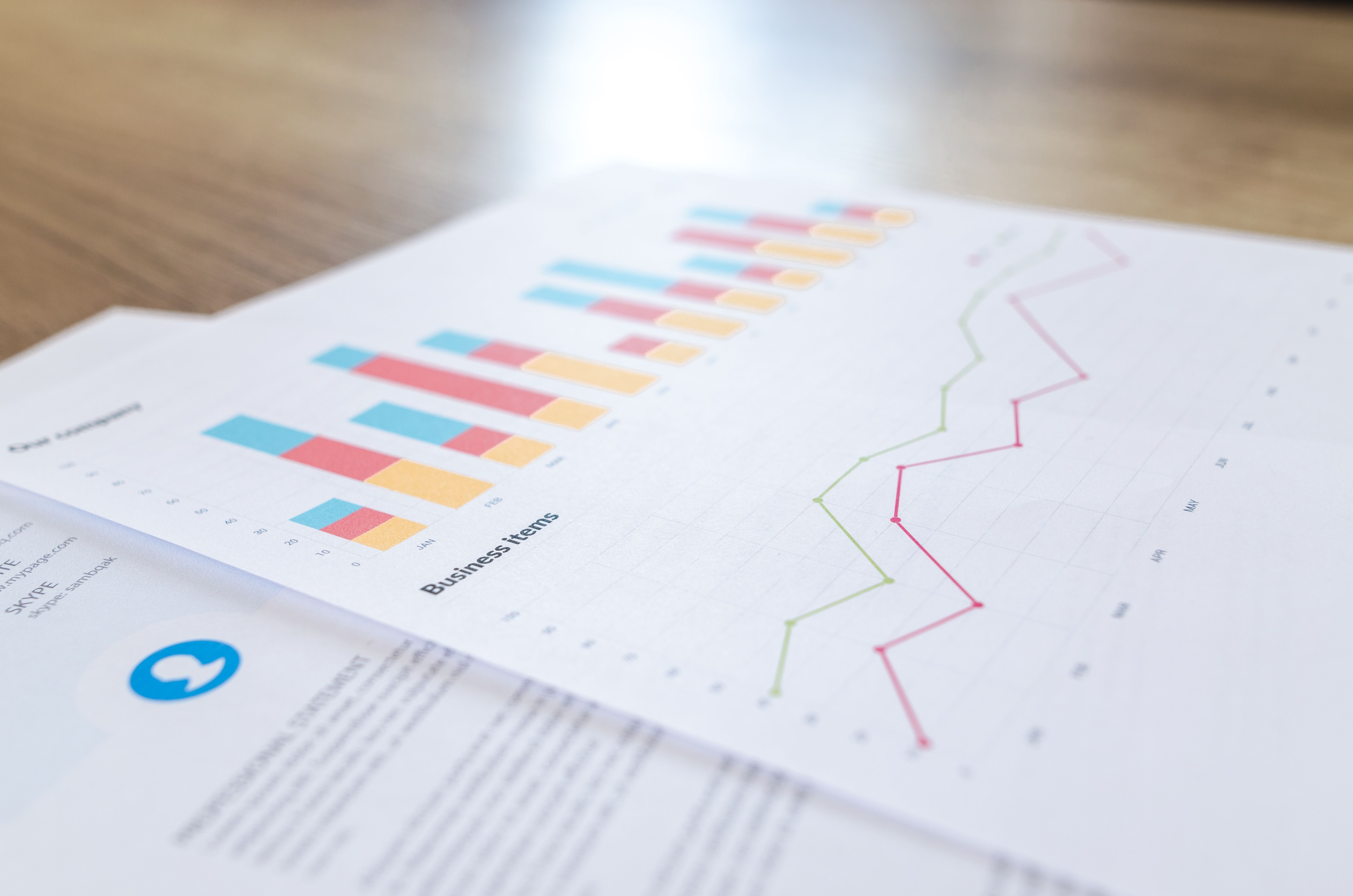 Printed financial analytics report displaying colorful bar graphs and line charts resting on a wooden desk.