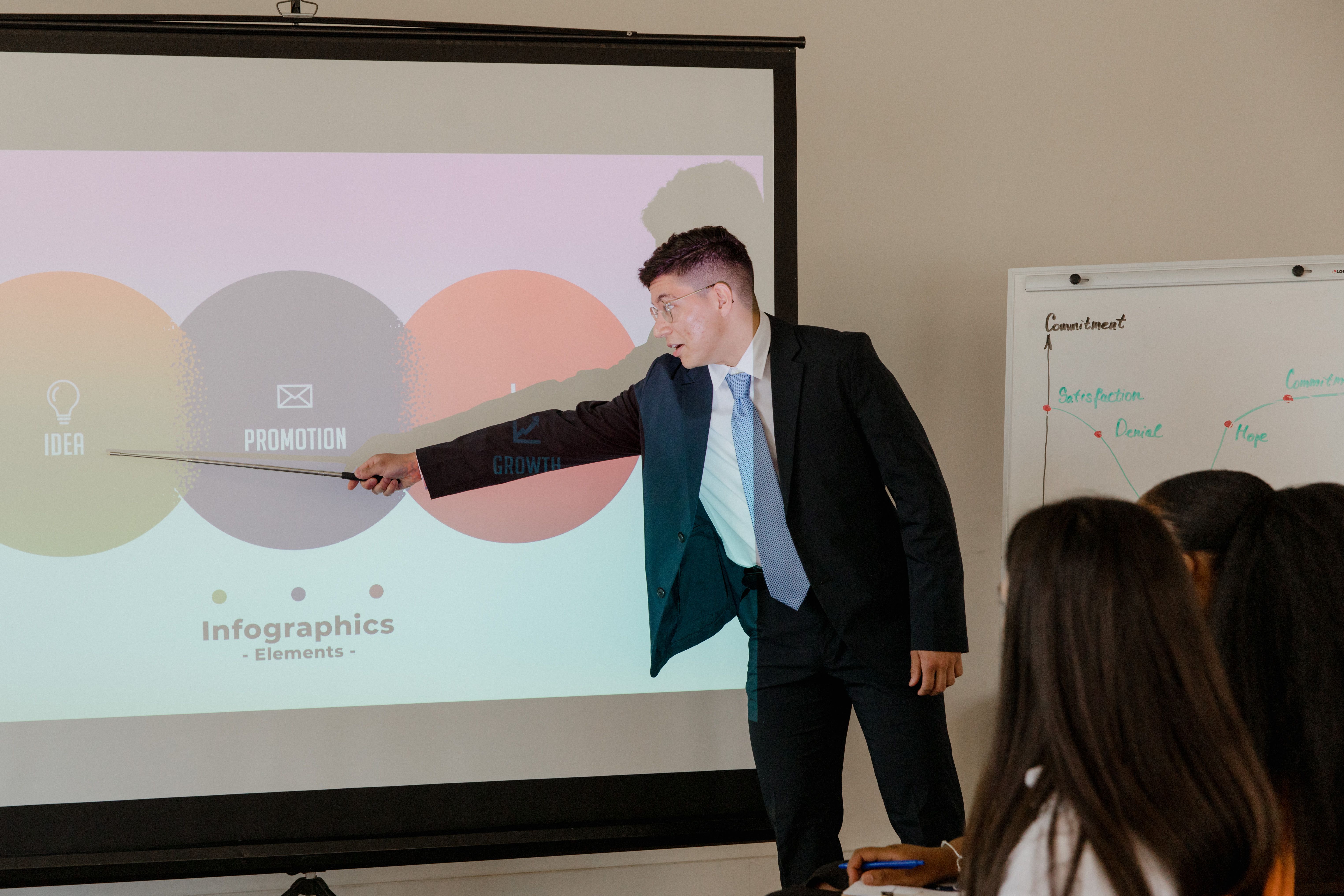 A presenter in a suit holding a pointer stick towards a projection screen during a corporate business workshop.
