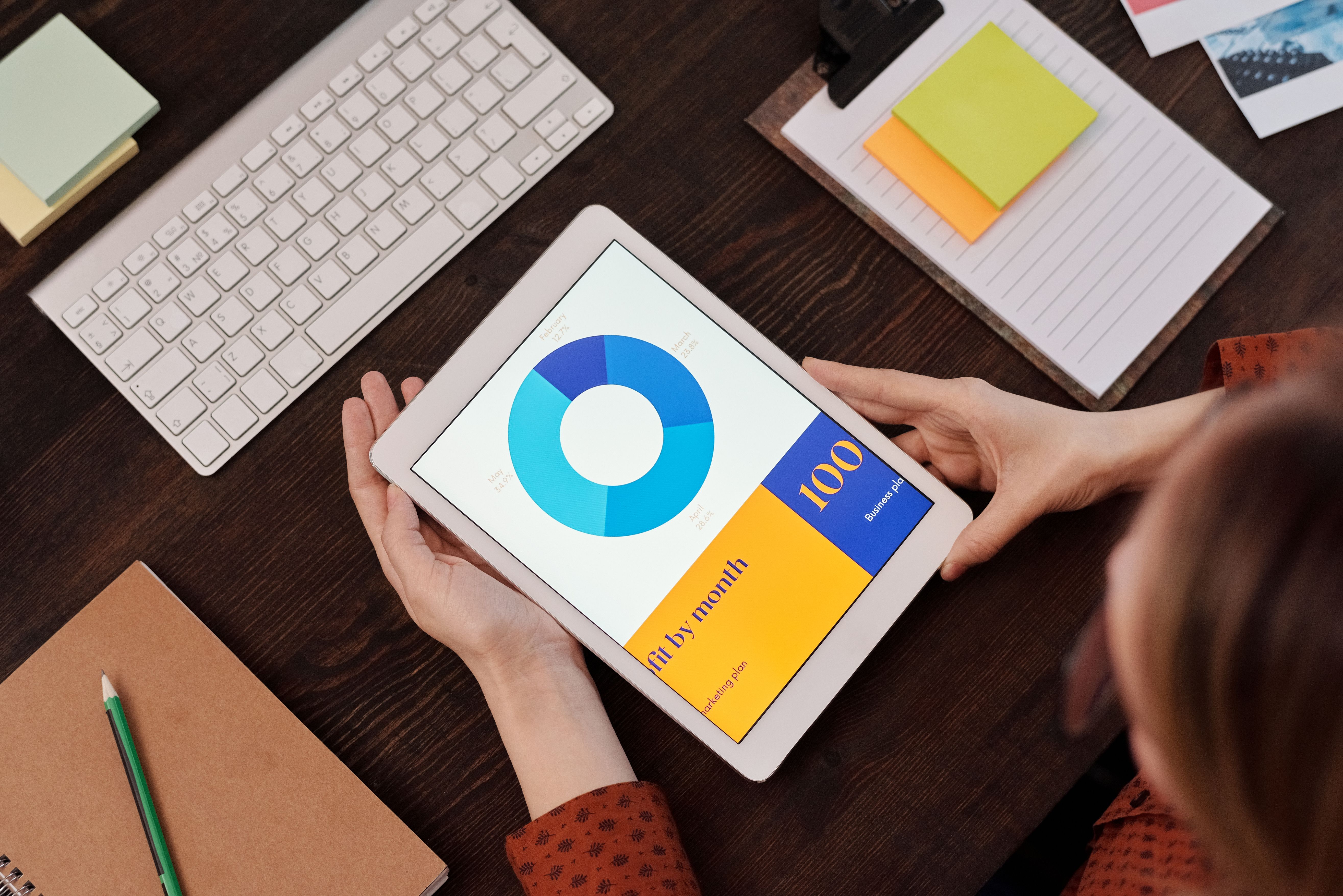 Top-down view of hands holding a white tablet displaying a financial pie chart report on a wooden desk.