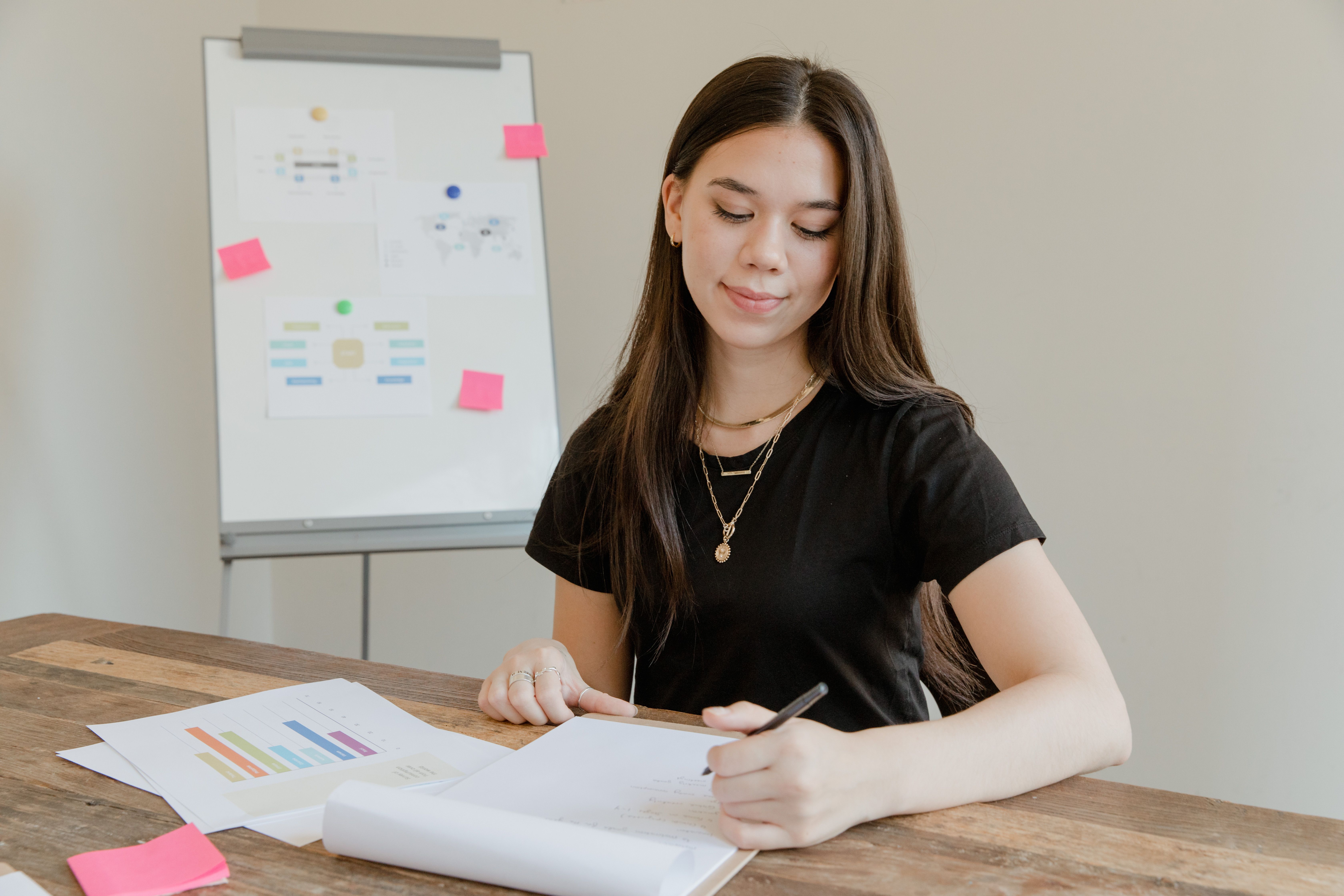 A woman writing on a document at a wooden table in front of a white presentation board with flowcharts and sticky notes.