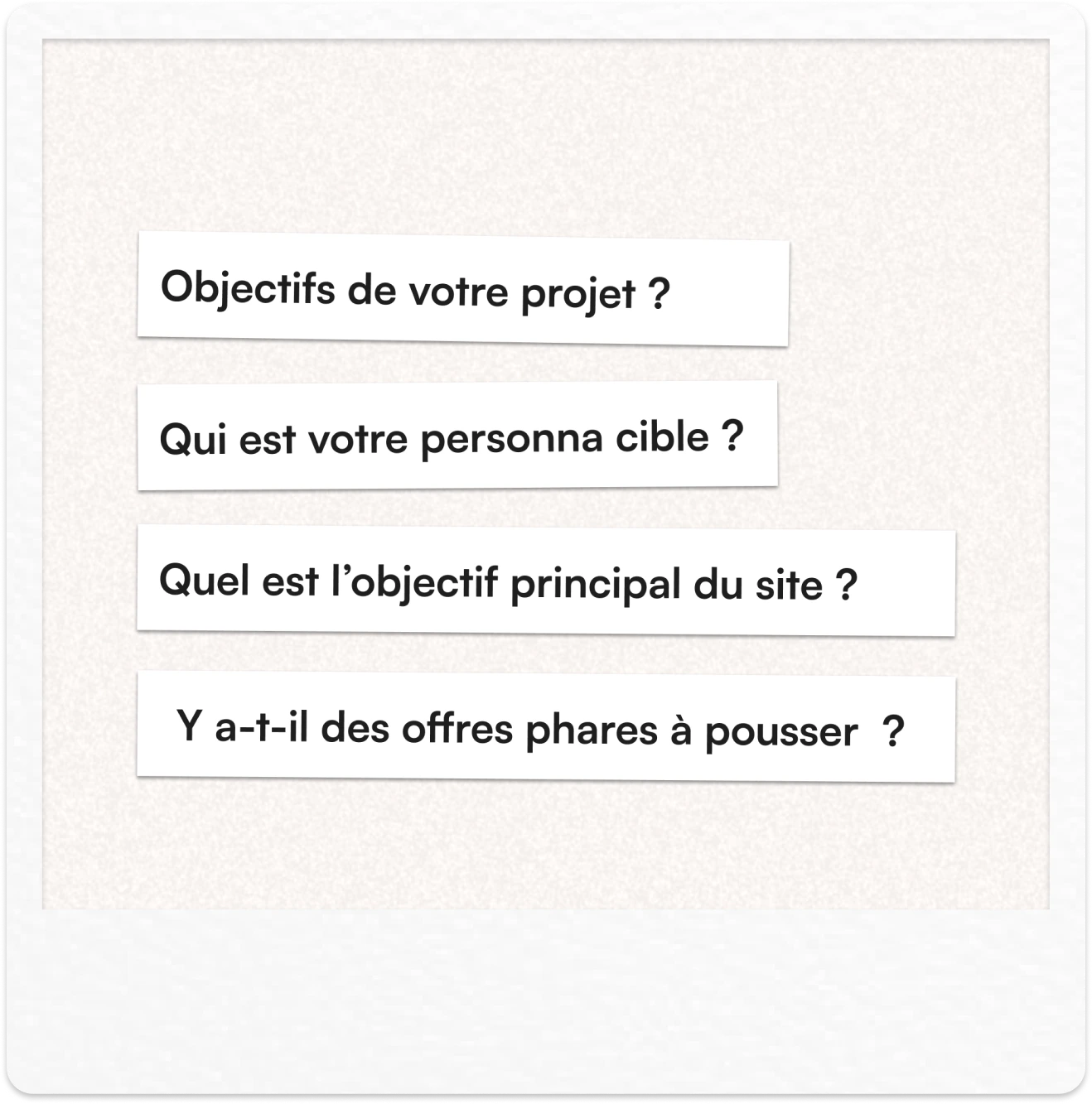 Polaroid avec questions stratégiques