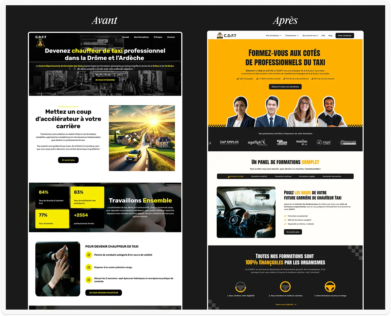 Comparaison avant-après de pages web pour une formation chauffeur de taxi, avec un design modernisé et couleurs jaunes vives après.
