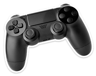 Manette de jeu vidéo noire avec deux joysticks, boutons directionnels et boutons d'action.