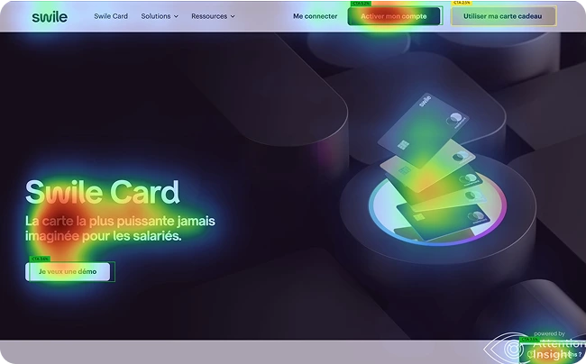 Carte Swile flottant en dégradé au-dessus d'un socle lumineux avec texte indiquant Swile Card, la carte la plus puissante jamais imaginée pour les salariés, sur fond sombre.