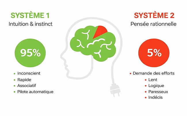 Diagramme comparant deux systèmes de pensée : Système 1 (intuitif et instinctif) à 95% avec cerveau majoritairement vert, et Système 2 (rationnel) à 5% avec cerveau partiellement rouge, listant les caractéristiques de chaque système.