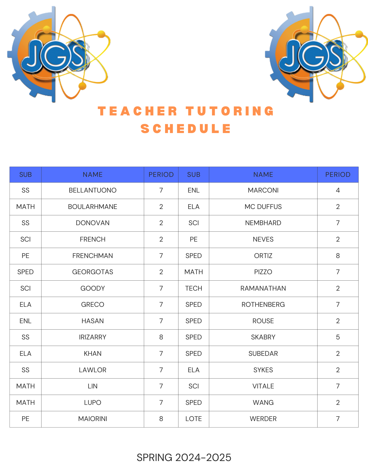 Tutoring Schedule
