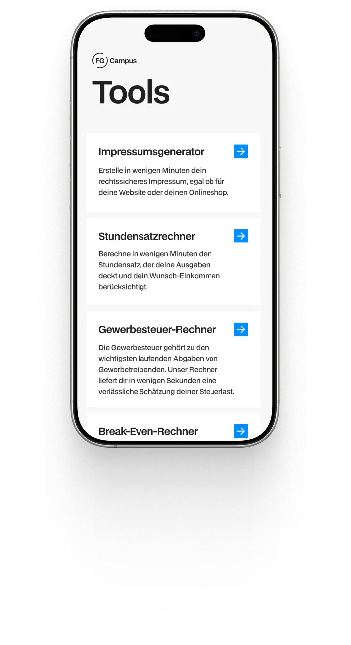Smartphone screen showing FG Campus Tools menu with options for Impressum generator, hourly rate calculator, and trade tax calculator in German.