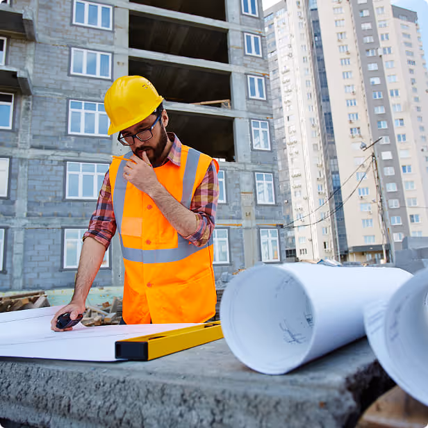 Construction worker in a yellow hard hat and reflective vest reviewing blueprints at a building site with unfinished residential buildings in the background.