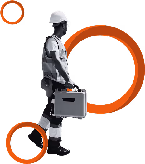Construction worker in safety gear carrying a toolbox, with orange circular graphic elements.