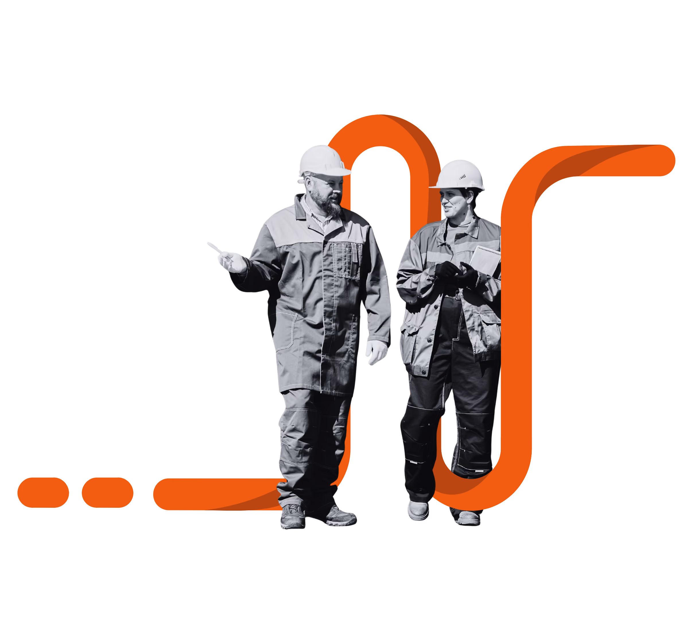 To bygningsarbejdere med sikkerhedshjelme og arbejdstøj går og taler sammen, mens en orange båndlignende linje snor sig bag dem.