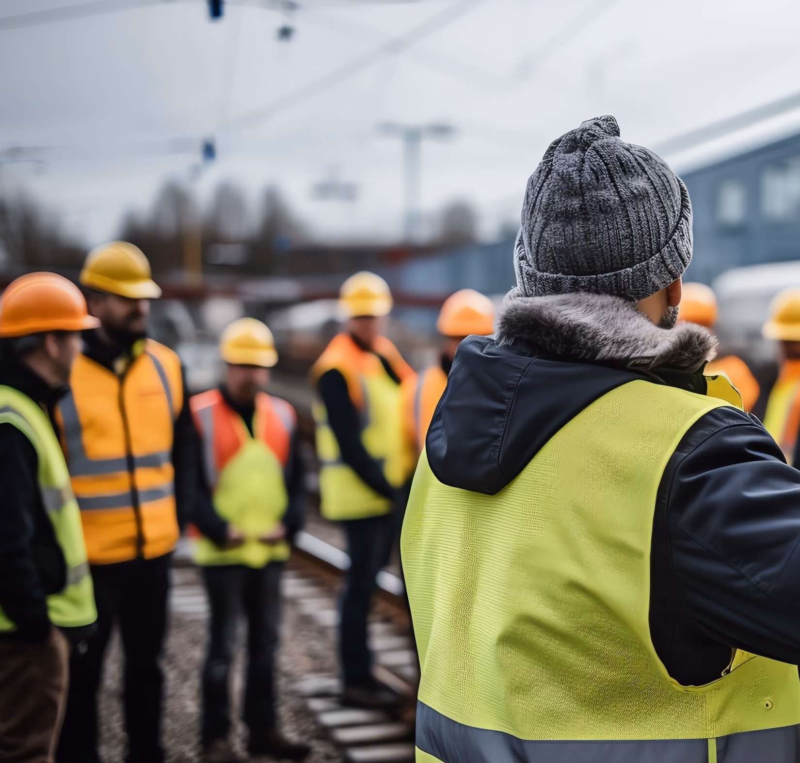 Gruppe af bygningsarbejdere med sikkerhedshjelm og refleksveste, der står på togskinner under et møde.