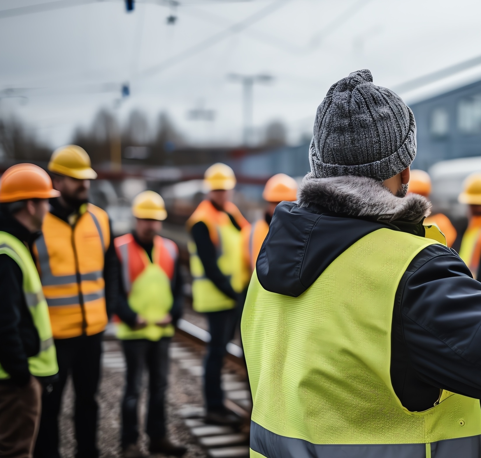 Group of construction workers wearing hard hats and safety vests standing on railway tracks during a meeting.