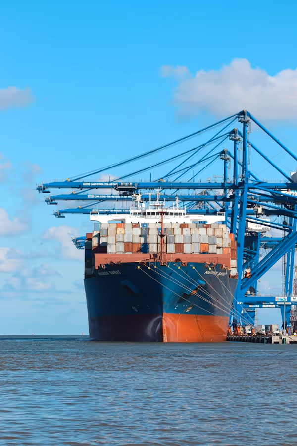 Container carrier waiting to take off. Hai Phong International Container Terminal (HICT), Vietnam (Jully 2022)