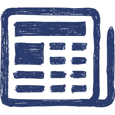 Ein stilisiertes Symbol einer Zeitung mit Textspalten und einem Stift daneben.