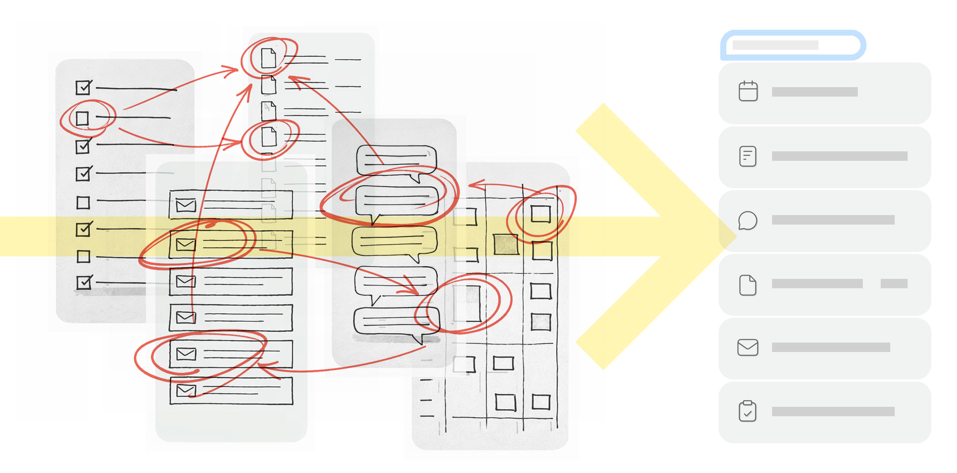 Illustration depicting confusion of context switching between multiple apps vs. the clarity of having everything in a conversation.