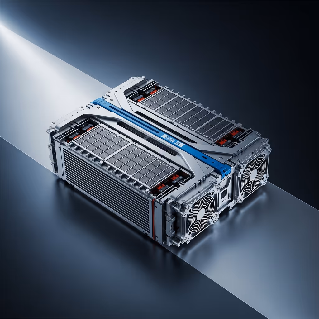 High-tech rectangular device with cooling fans and grid panels on a reflective dark surface.