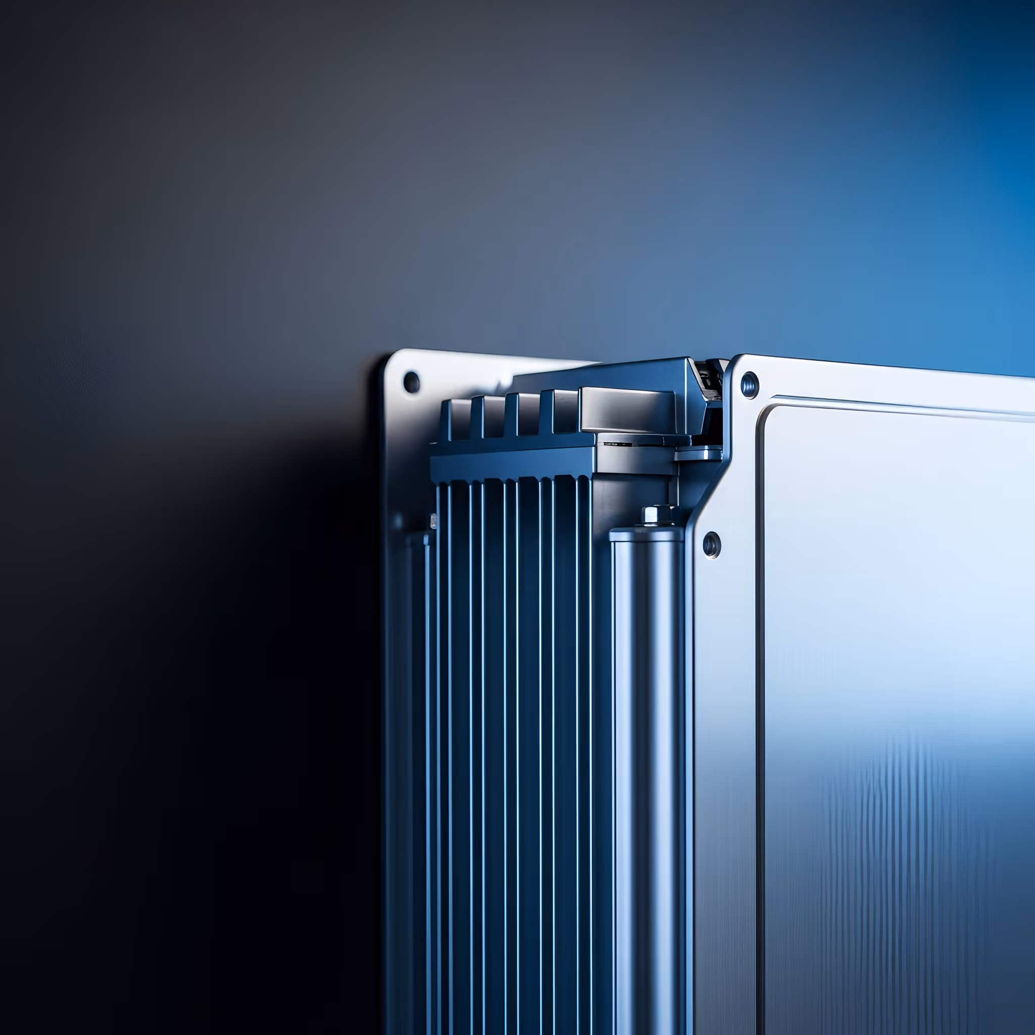 Close-up of a modern metallic server or computer hardware component with vertical cooling fins against a dark blue background.