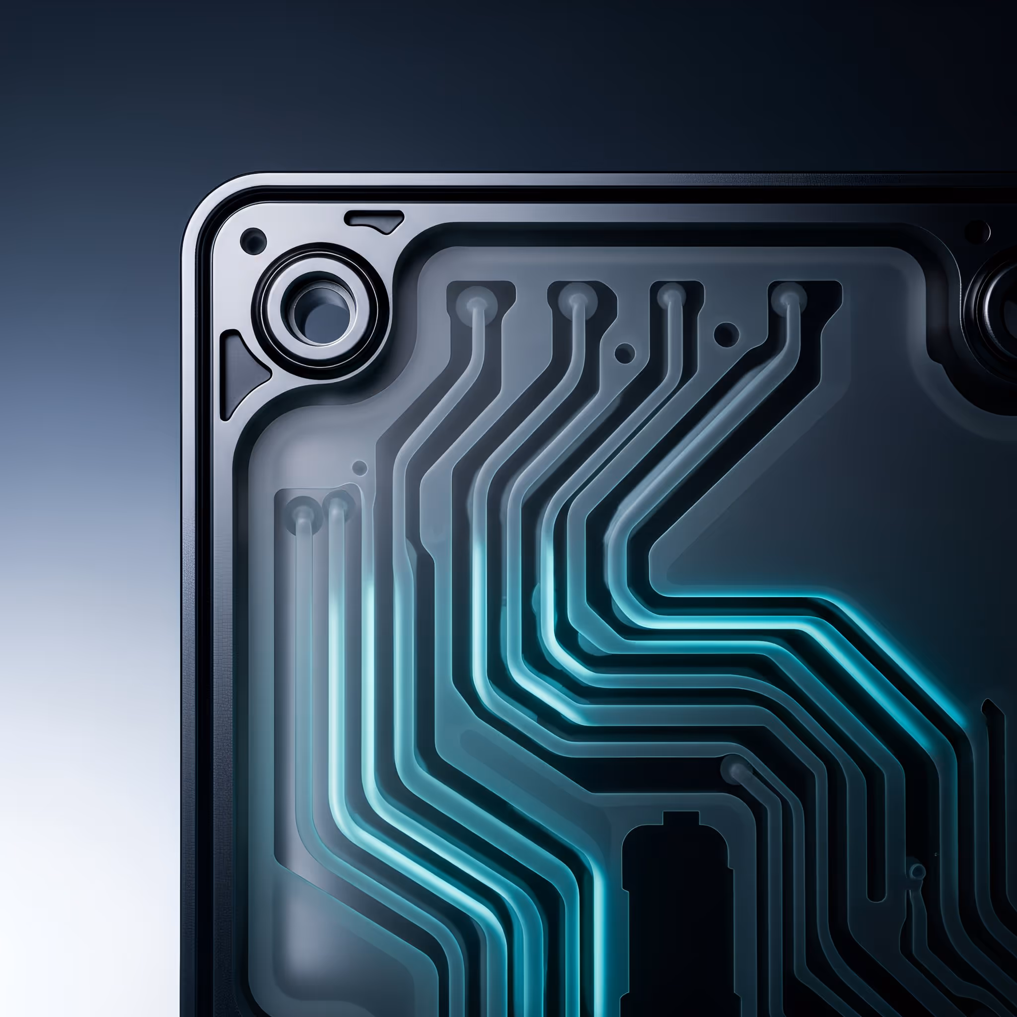 Close-up of a dark circuit board with glowing blue lines tracing the pathways.