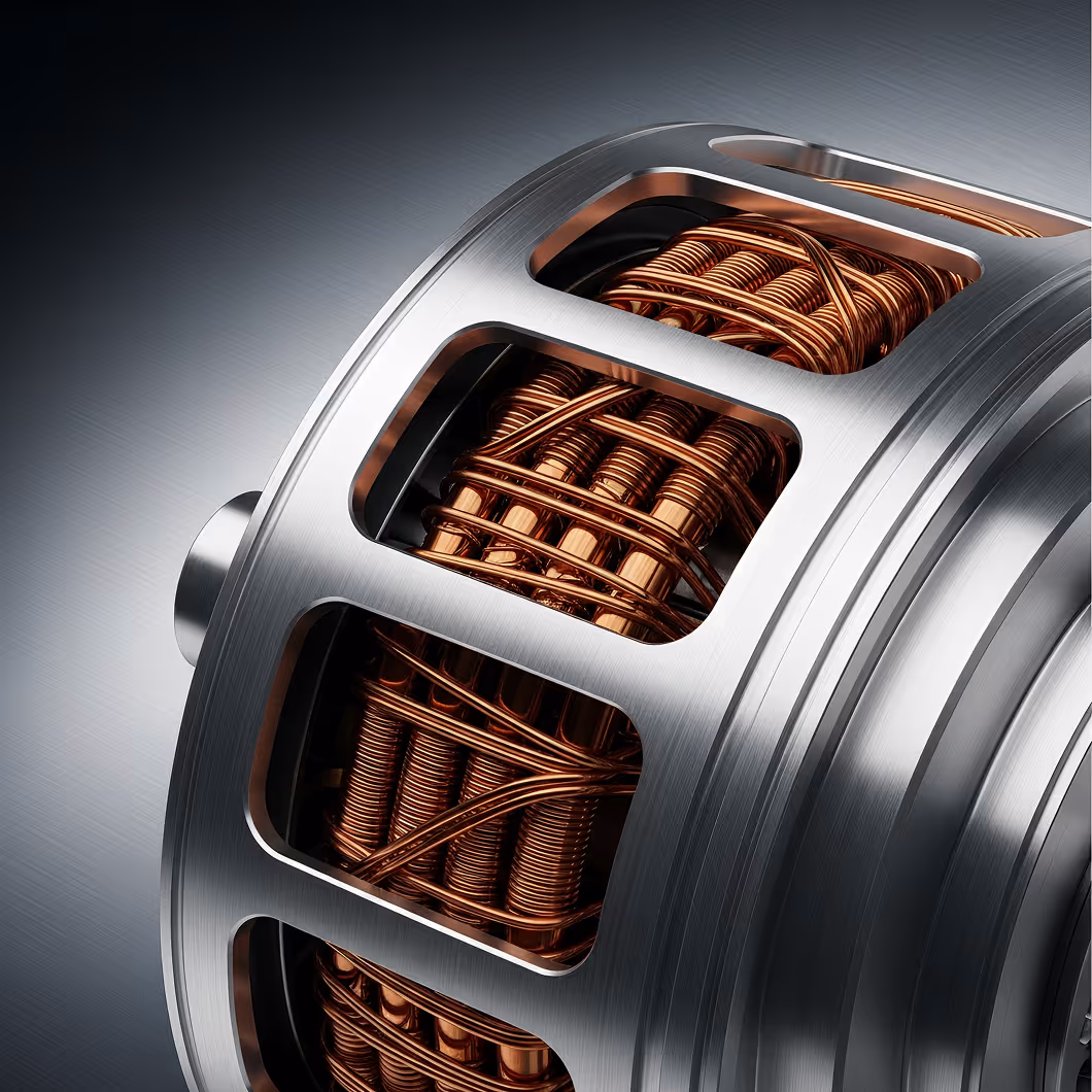 Close-up view of a metallic electric motor component showing copper coils inside a silver housing.