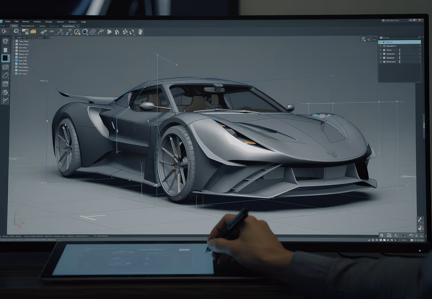 3D modeling software displaying a detailed gray sports car design on a monitor, with a hand using a stylus on a tablet in the foreground.