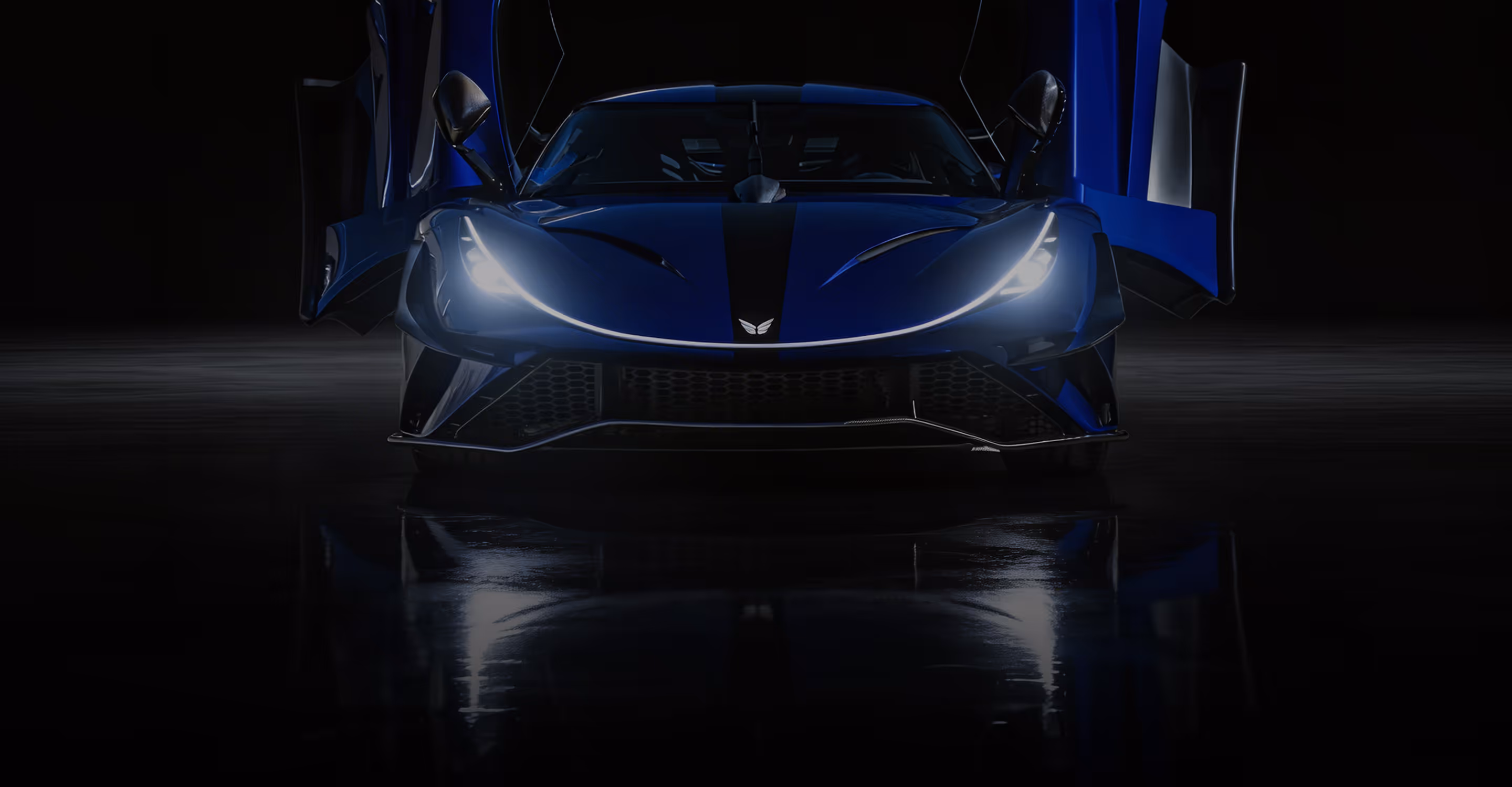 Front view of a sleek car with illuminated LED headlights and a glowing accent light in a dark environment.