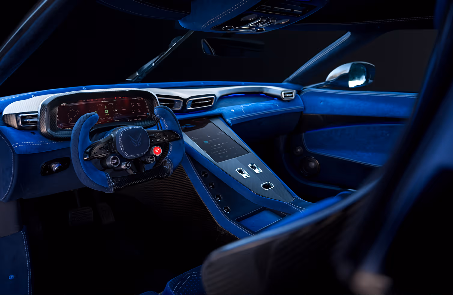 Futuristic car interior with blue ambient lighting, digital dashboard screens, and a modern steering wheel.