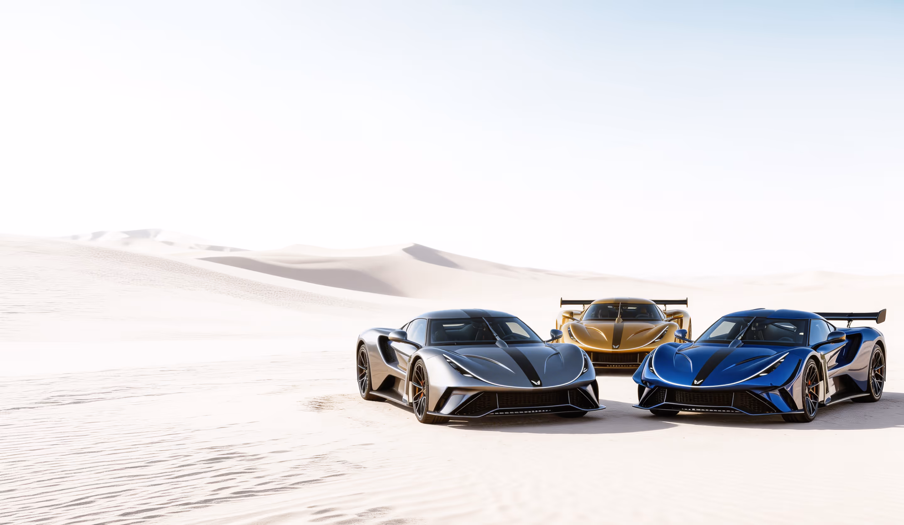 Three sleek sports cars in metallic colors orange, gold, and blue parked on white sand dunes.