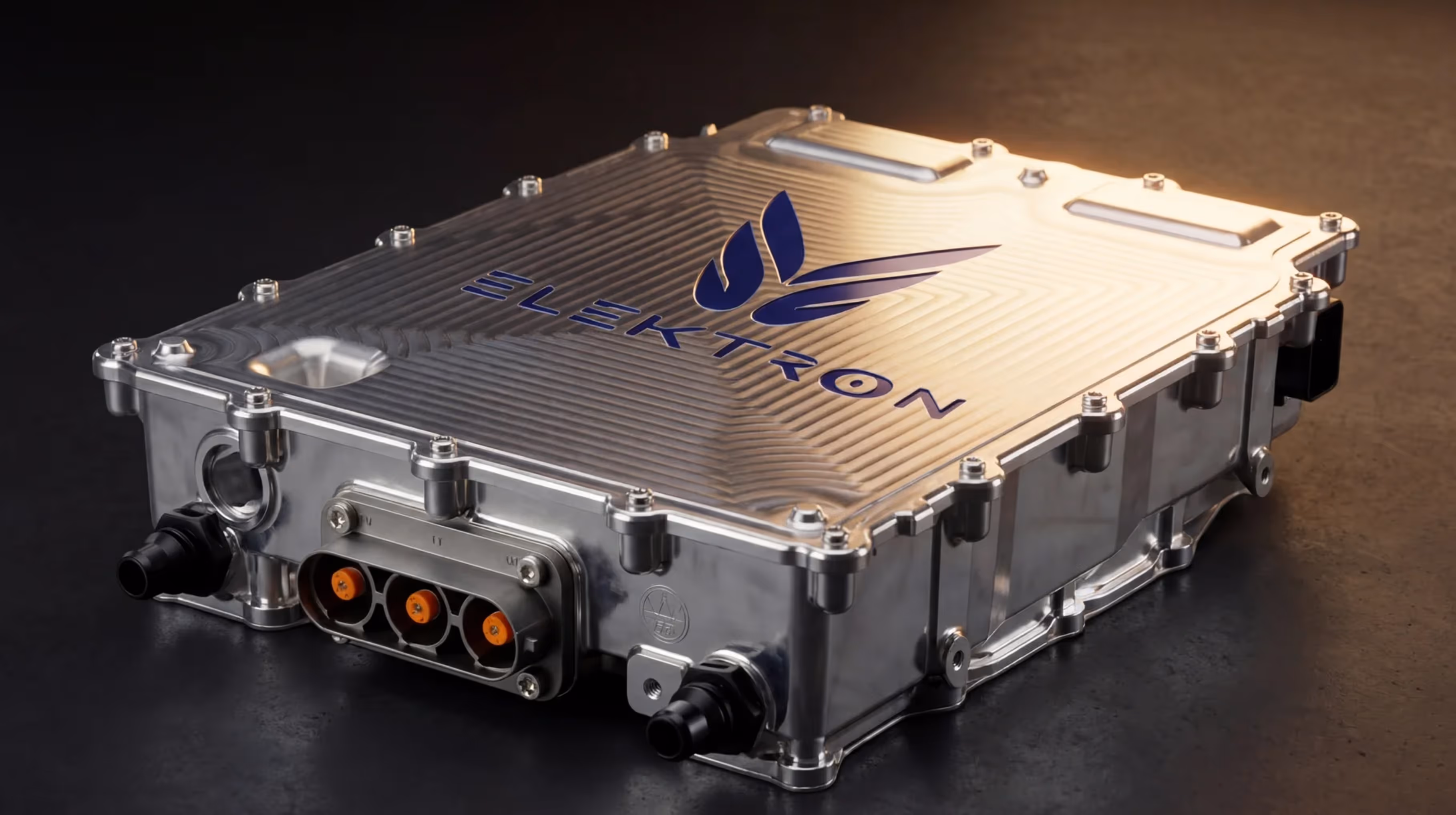Metallic ELEKTRON branded electronic device with connectors on a dark surface.