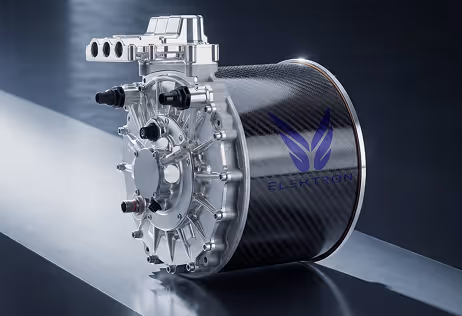 High-tech electric motor with a carbon fiber casing and Elektron logo on a reflective surface.