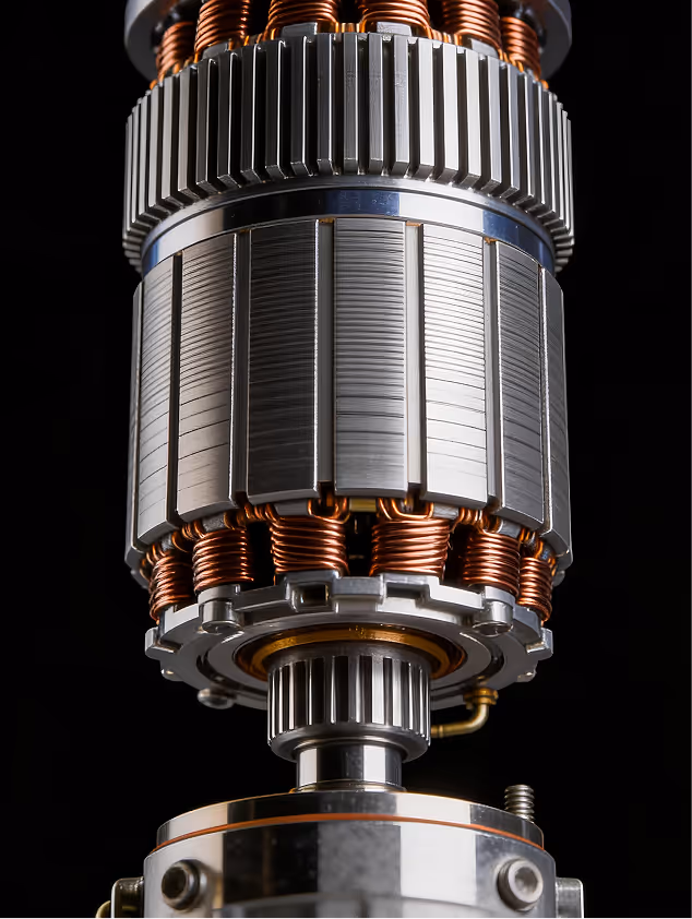 Close-up of a metallic electric motor rotor with copper wire coils and gear on a black background.