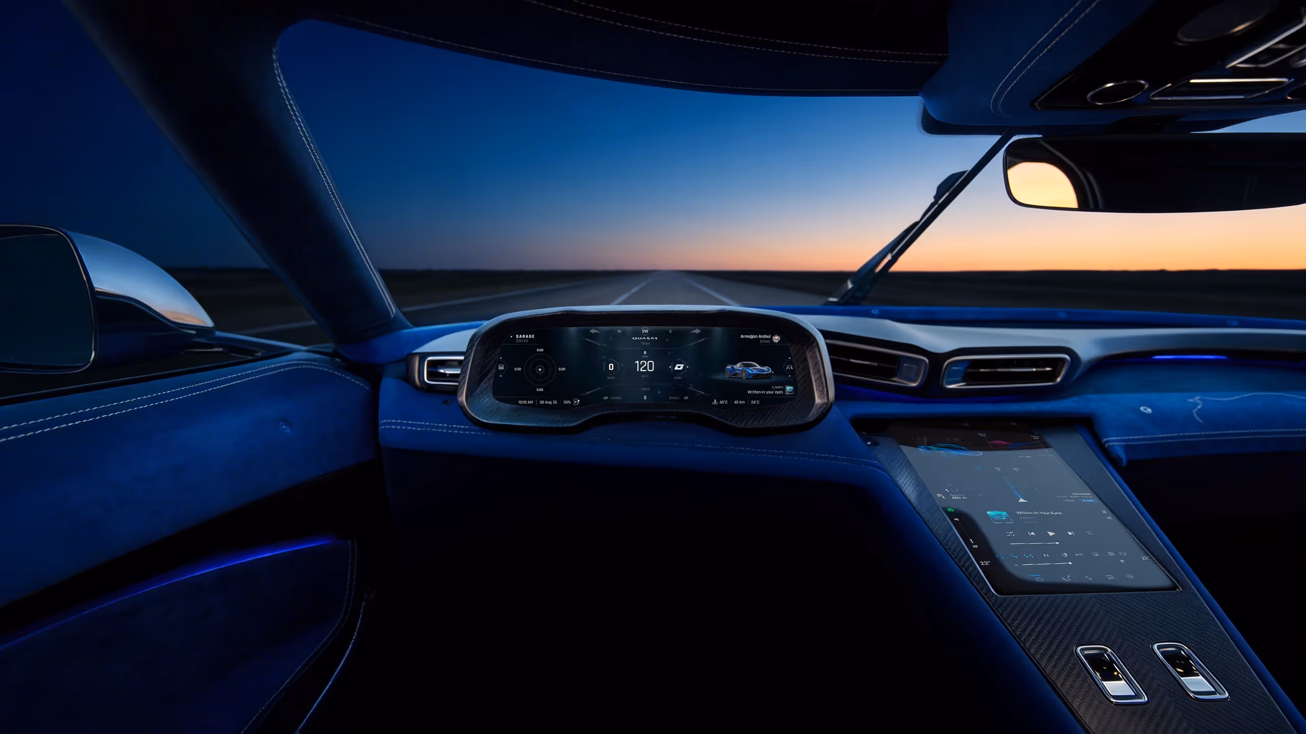 Digital dashboard and touchscreen control panel inside a modern car at dusk on an empty highway.