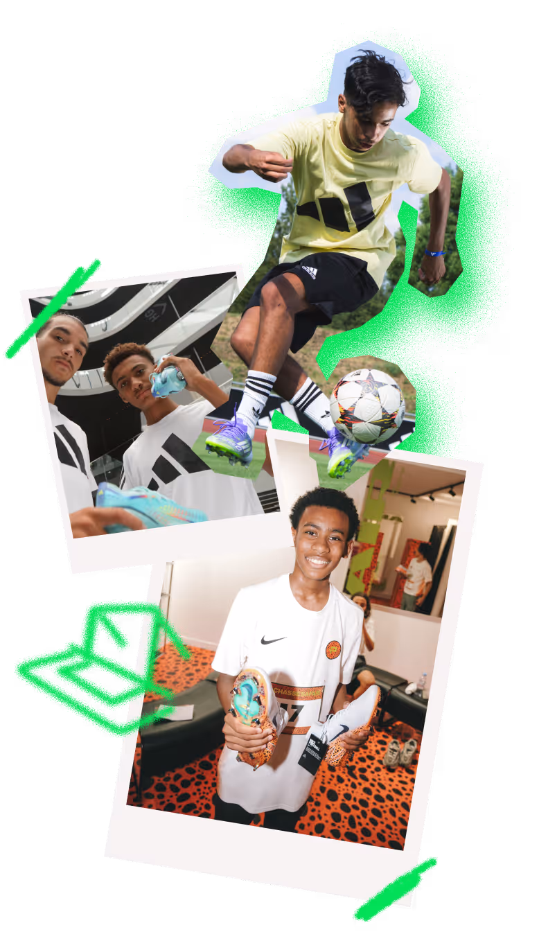 Collage of young soccer players in Adidas gear, including one dribbling a soccer ball outdoors and another smiling indoors holding soccer cleats.