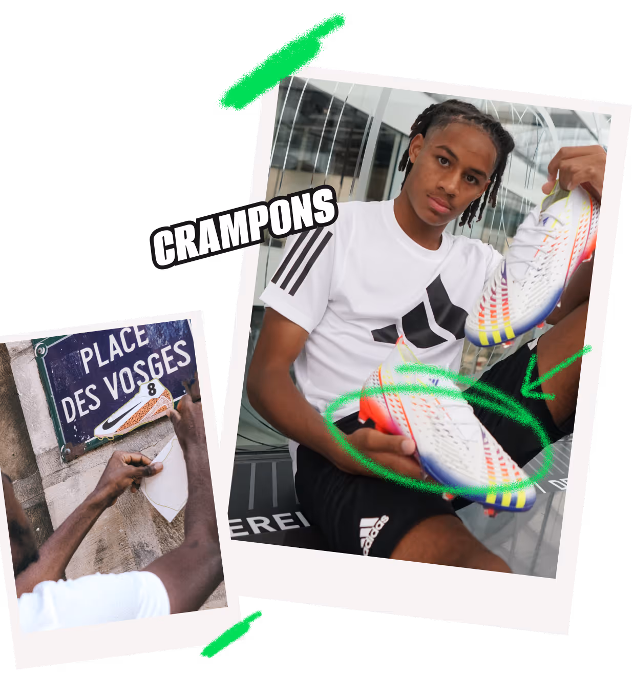 Young man in Adidas attire holding white and multicolor soccer cleats, with a street sign for Place des Vosges and another person holding a similar cleat.