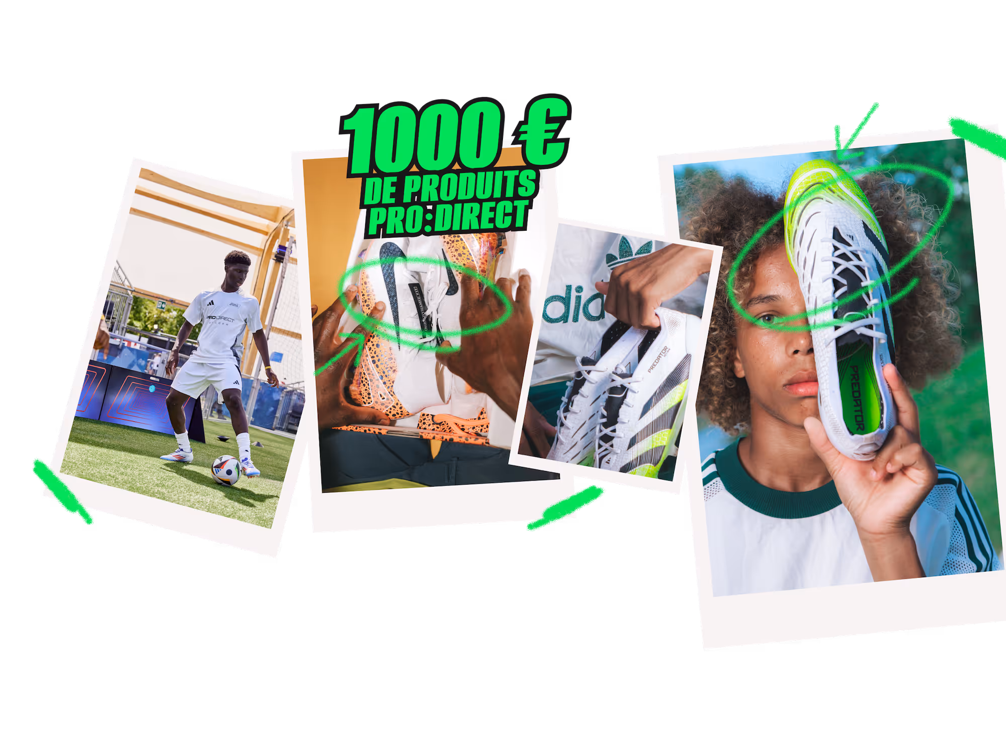 Collage of four images featuring a soccer player in white apparel, close-ups of Adidas soccer shoes, and 1000€ Pro:Direct product text.