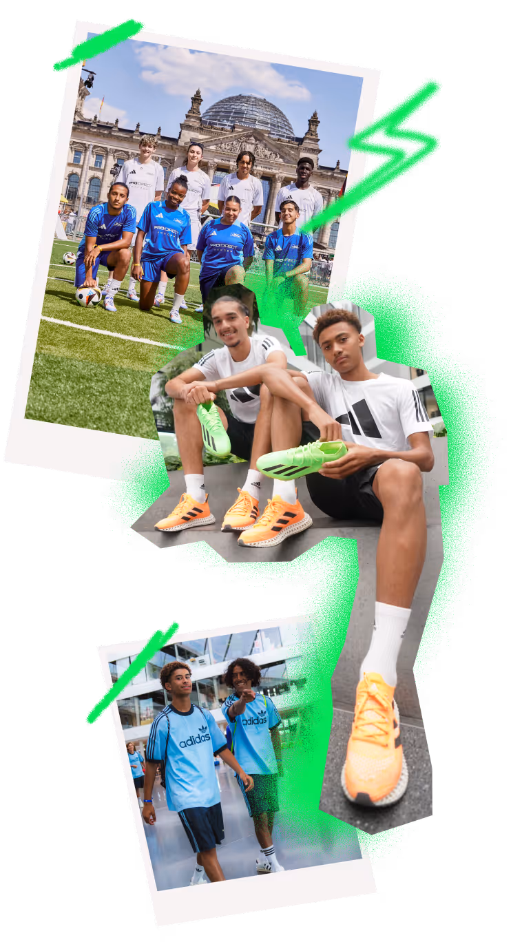 Collage of young athletes wearing Adidas sportswear: a group photo on a soccer field, two players sitting with cleats, and two walking indoors.