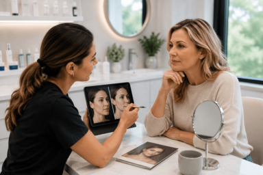 Woman in Basking Ridge, New Jersey receiving Radiesse filler treatment for cheek and jawline volume loss