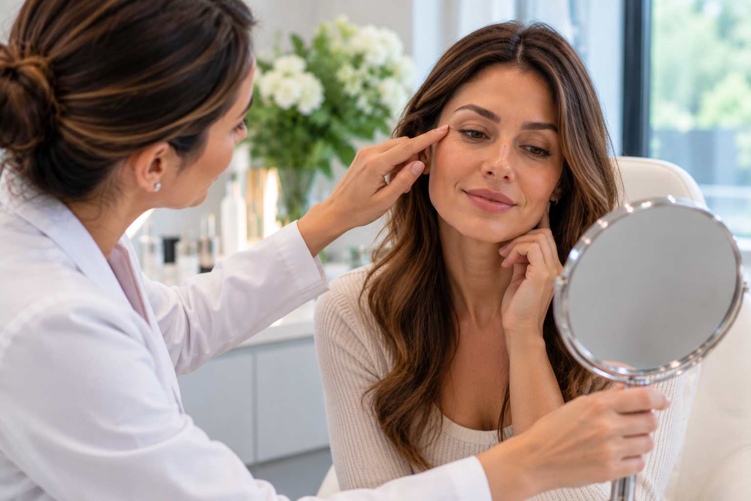 Woman examining forehead and eye-area wrinkles in a mirror before a wrinkle treatment consultation in Basking Ridge, New Jersey