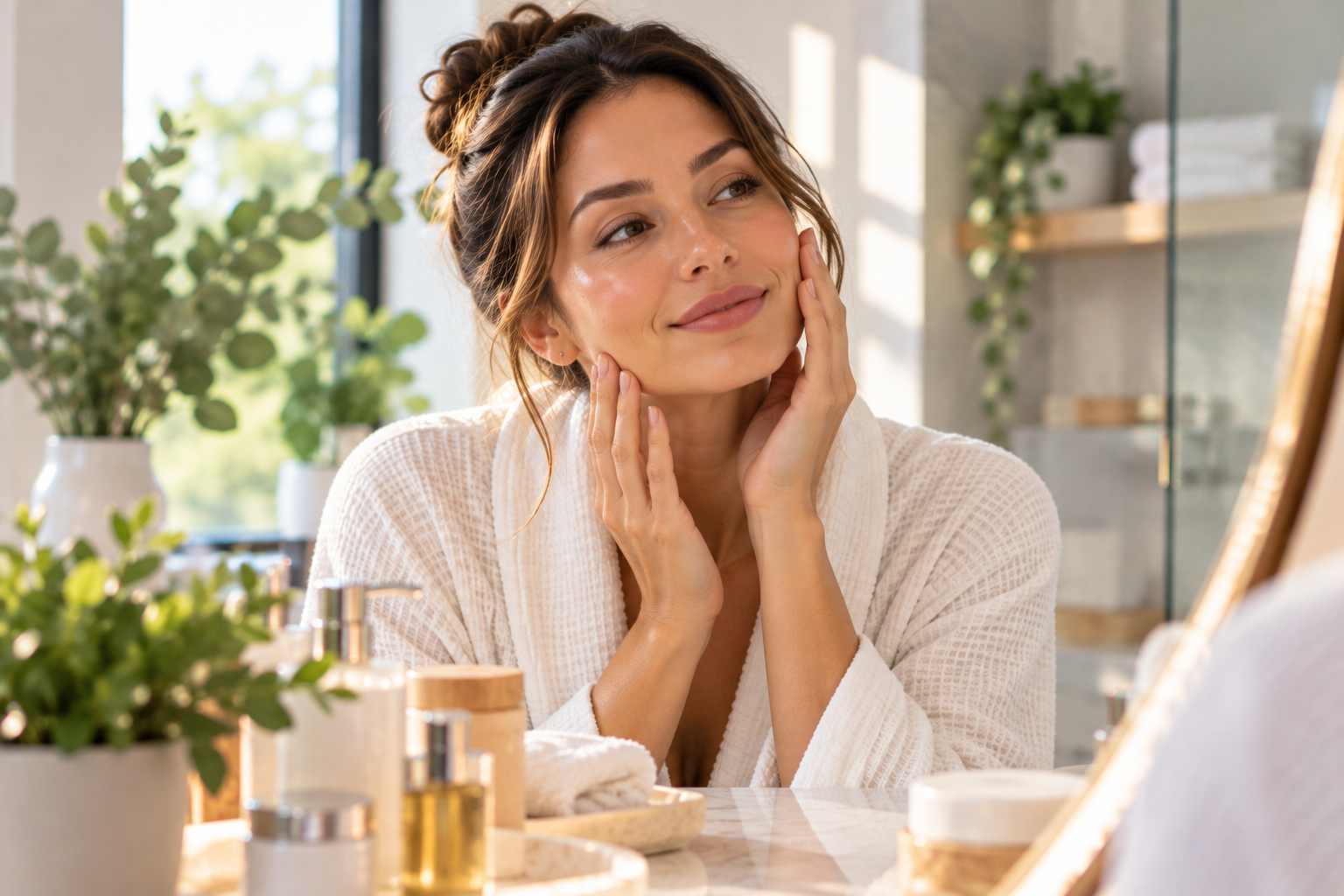 Young woman applying a topical peptide serum as part of a skin wellness routine in Basking Ridge, New Jersey
