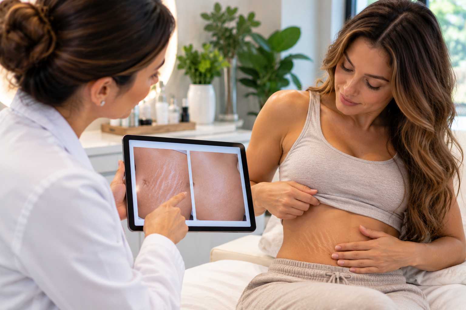 Provider performing microneedling on stretch marks on a patient's hip at a medspa in Basking Ridge, New Jersey