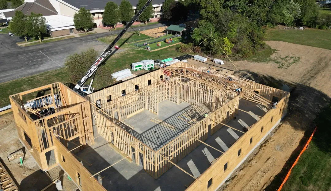 aerial view of constructed framing building