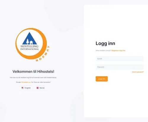 En innloggingsside for Hostelling International Norge. Venstre side viser logoen og velkomstteksten på norsk, med norske og engelske språkalternativer. Høyre side har felt for e-post, passord og en "Logg inn"-knapp.