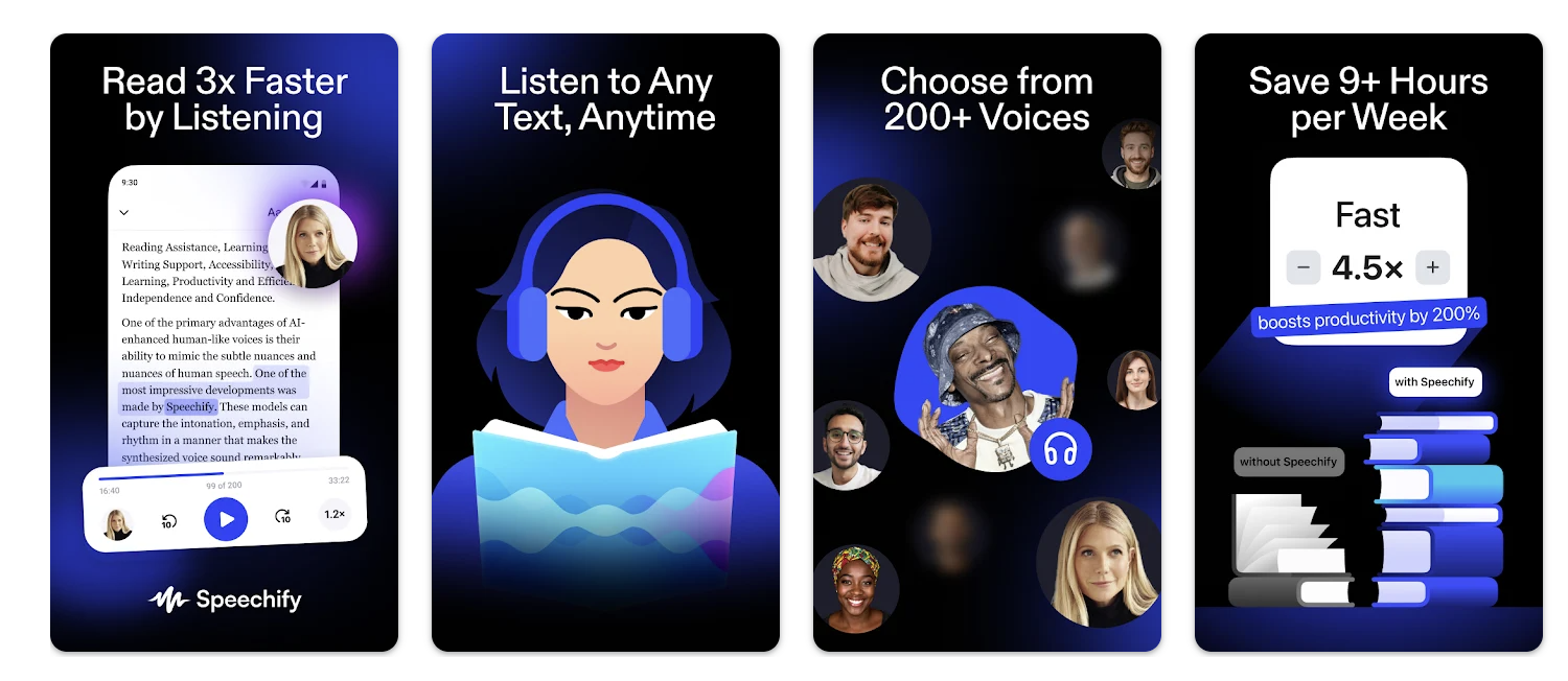 Four vertical promotional cards for Speechify showing Read 3x Faster by Listening with audio controls, Listen to Any Text Anytime illustration, Choose from 200 plus Voices with diverse profile images, and Save 9 plus Hours per Week with speed comparison graphic